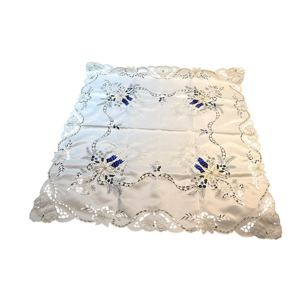 Vintage Embroidered Square Christmas Satin‎ Table Topper White & Blue Cottage